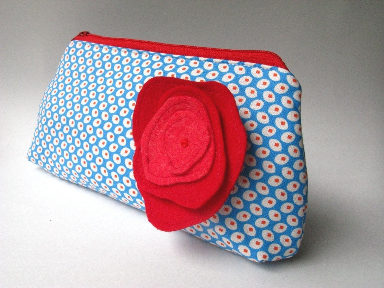 Zipper Clutch - Frenchy in Red and Blue Dots with Poppy Brooch