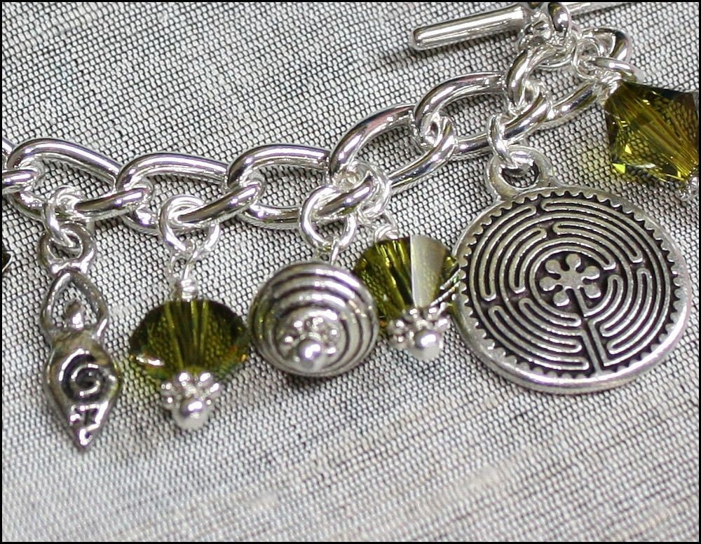 Ancient Symbol Silver Charm Bracelet with Olivine green Swarovski Crystals
