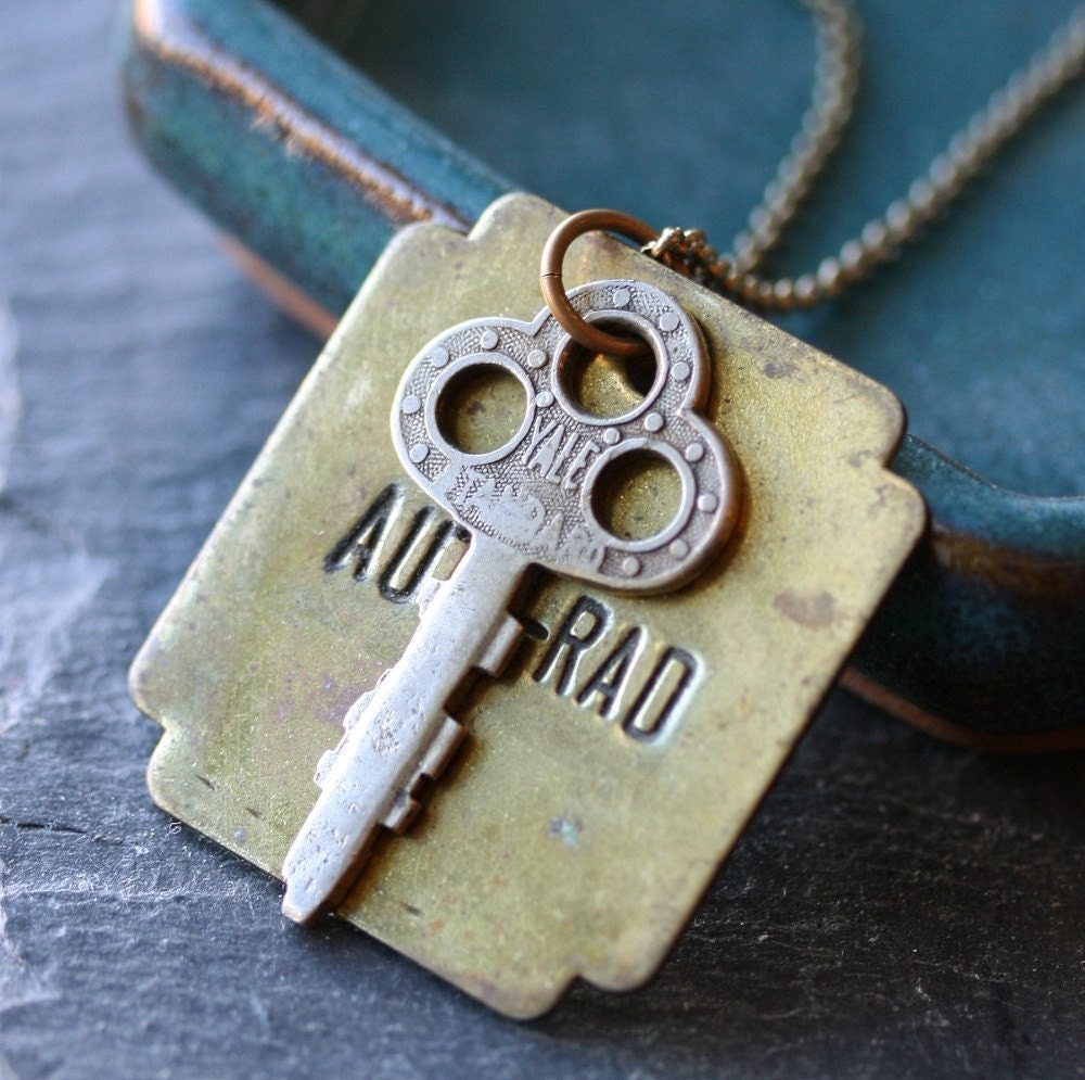 Eighth Avenue Necklace - Vintage Brass Tag and Vintage Key