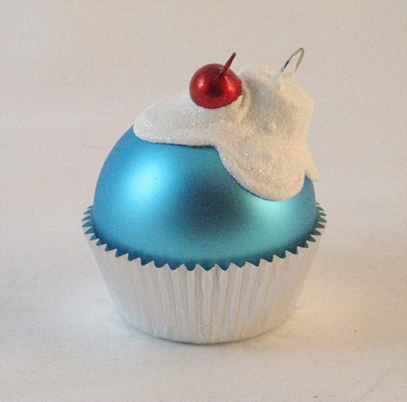 Mini Teal Cupcake Glass Ornament with glittered White Frosting - perfect gift for your Secret Santa or as a Stocking StufferFrom kiwiandkiki