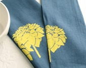 Dish Towel- Dark Blue Linen with Yellow Dahlia Flower (Set of 2). Screen Printed Kitchen Accessories from Curry Kay Designs on Etsy
