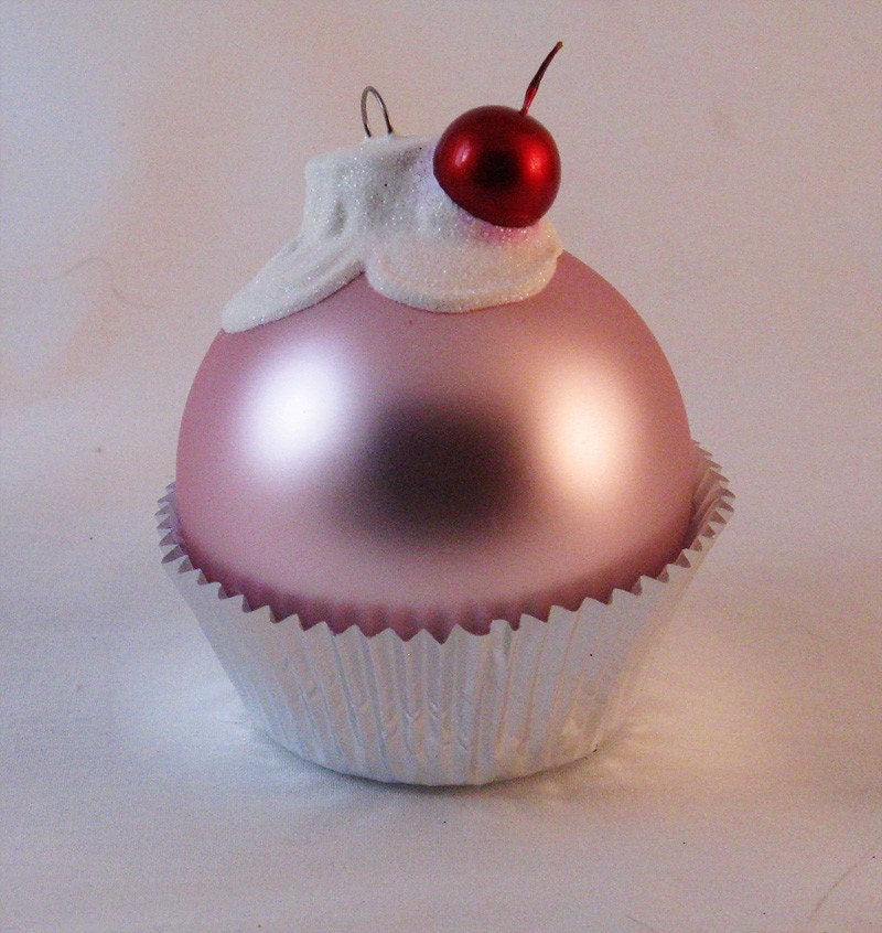 Large Light Pink Glass Cupcake Ornament with Glittered White Frosting and a Cherry on top