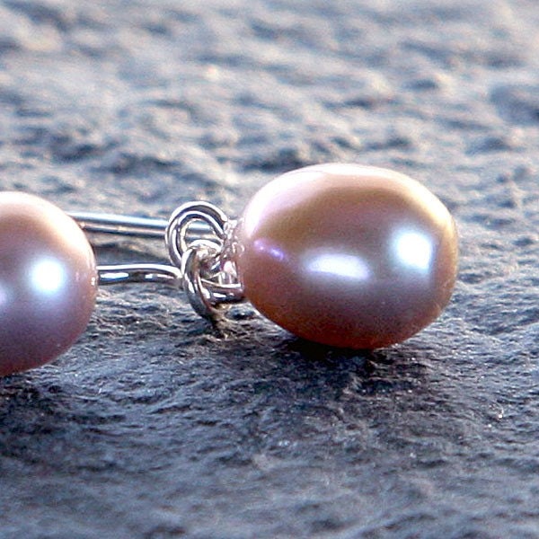 simple freshwater pearl earrings on sterling silver -  mauve, slightly baroque