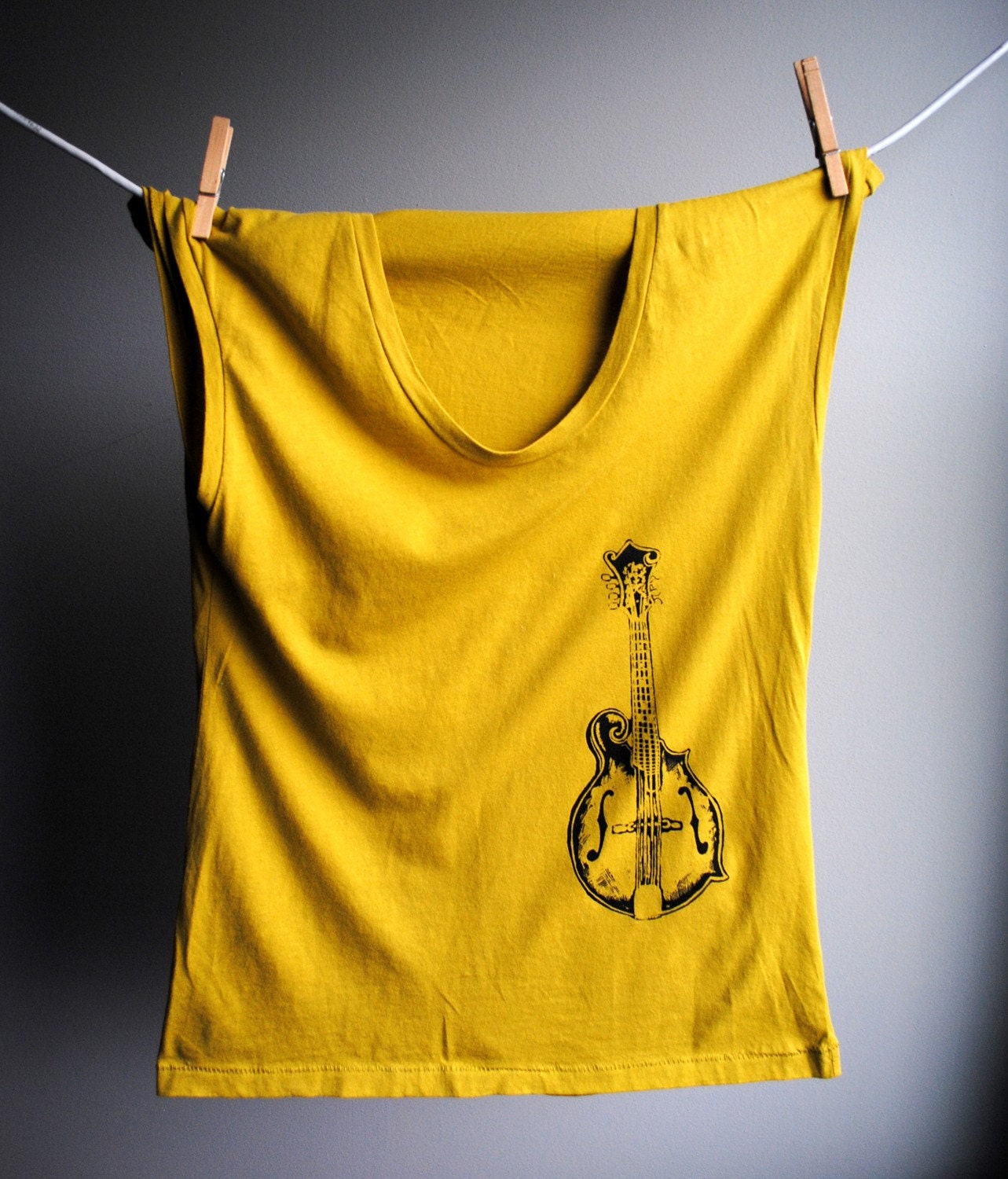 Mandolin Womens Tank - Sleeveless Dijon Yellow TShirt -  Screen printed in Black Ink - Size Medium
