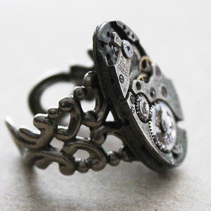 Antique Watch Movement Ring on an Adjustable Filigree Base