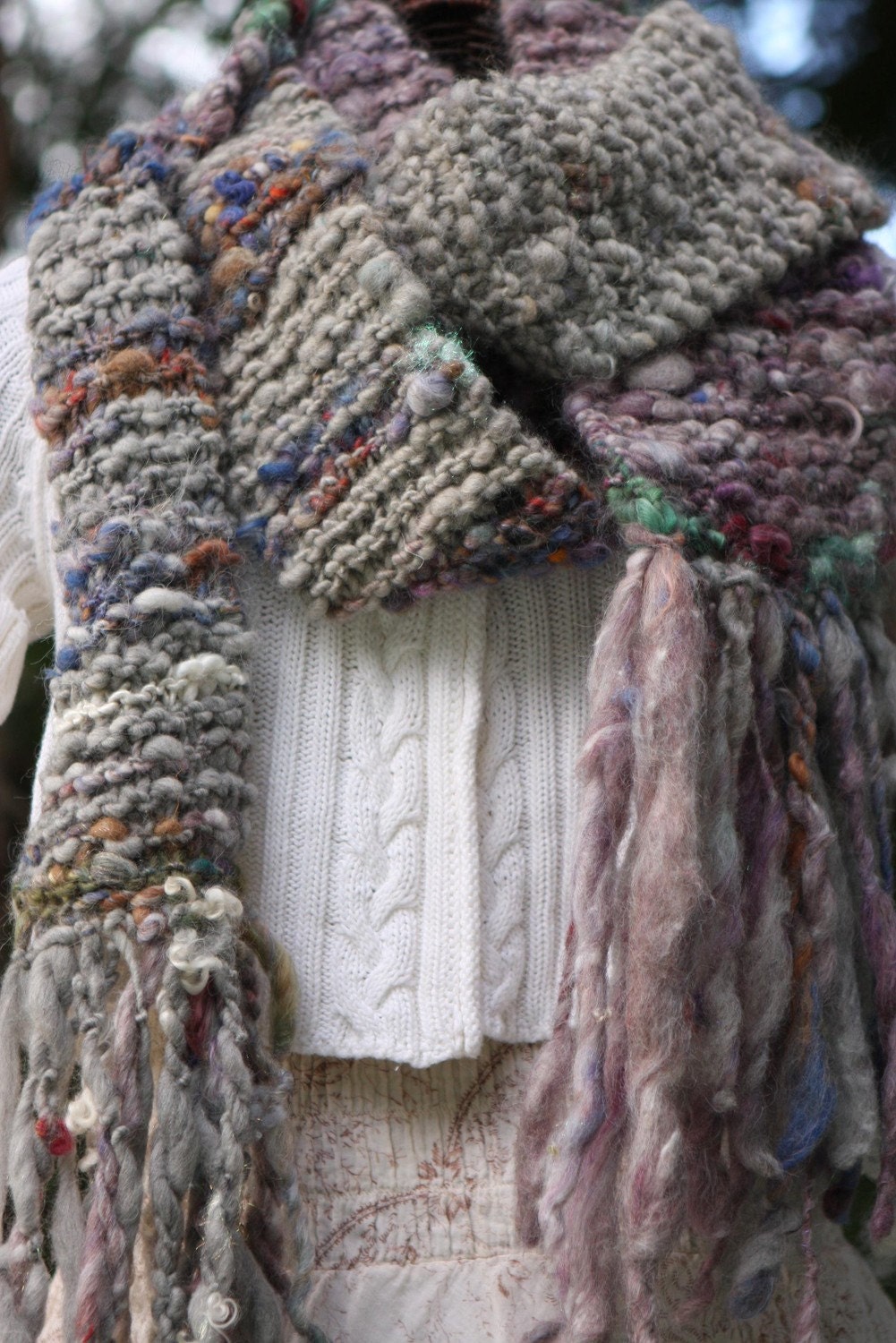 10 Ft Handknit LUXE Art Yarn Scarf with Long Fringe
