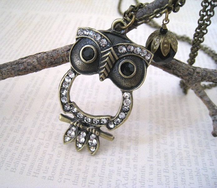 Adorable Rhinestone Owl with Acorn Necklace