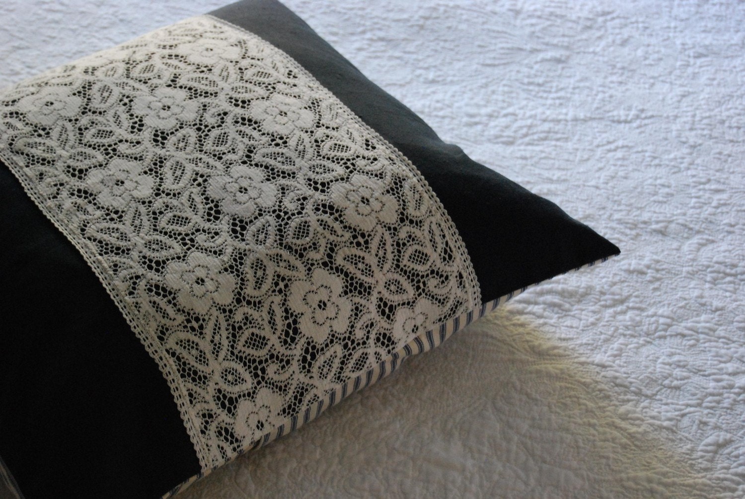 Black hemp and vintage lace pillow cover 20 x 20 handmade