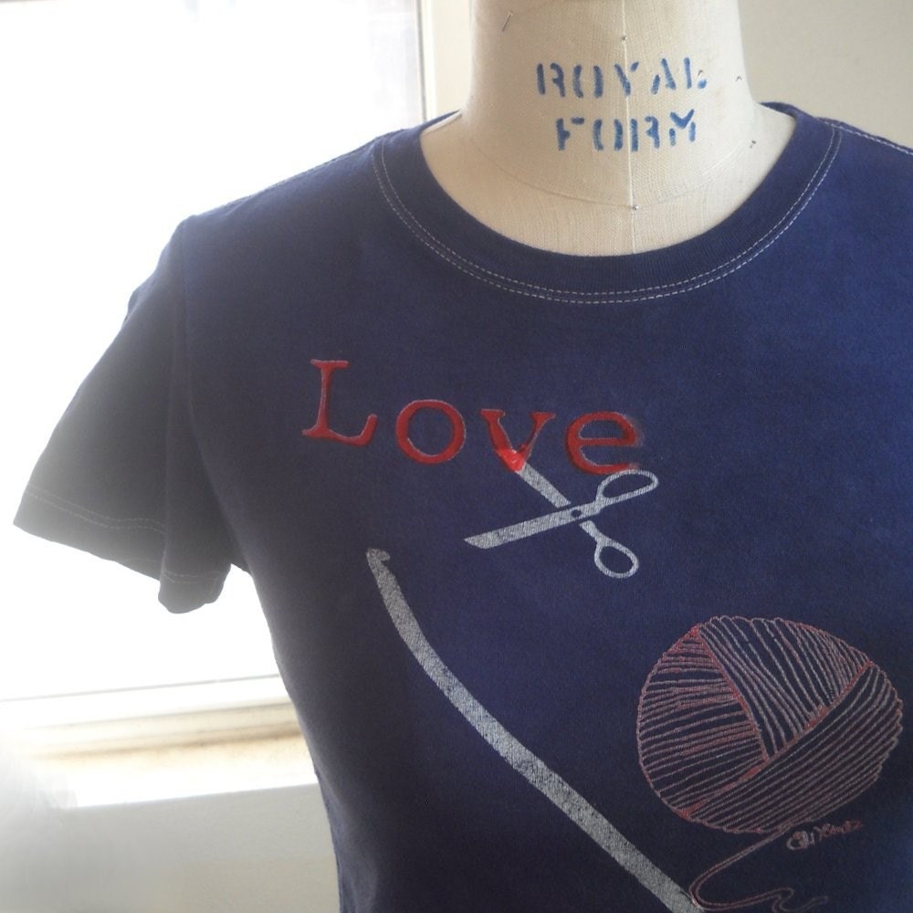 Crochet Love ladies Tee Shirt with ball of yarn and crochet hook in navy blue or custom colors