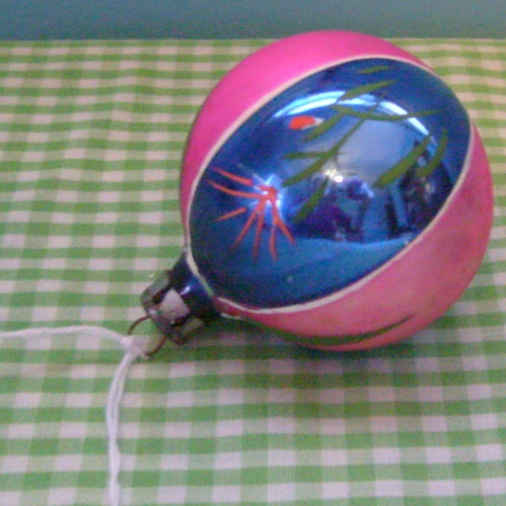Vintage lily glass ball ornament hand painted pink blue and green