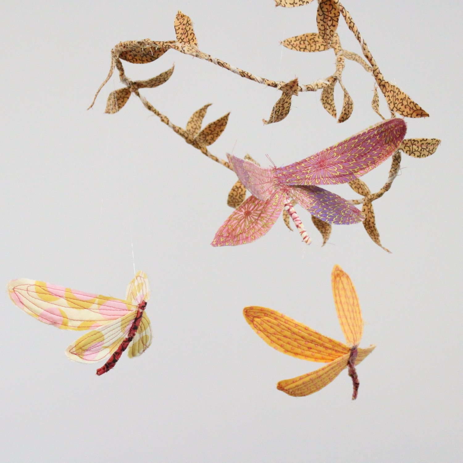 3 dragonflies dream of spring - fabric mobile in gold, sunny yellow, raspberry pink, lilac, and chocolate brown