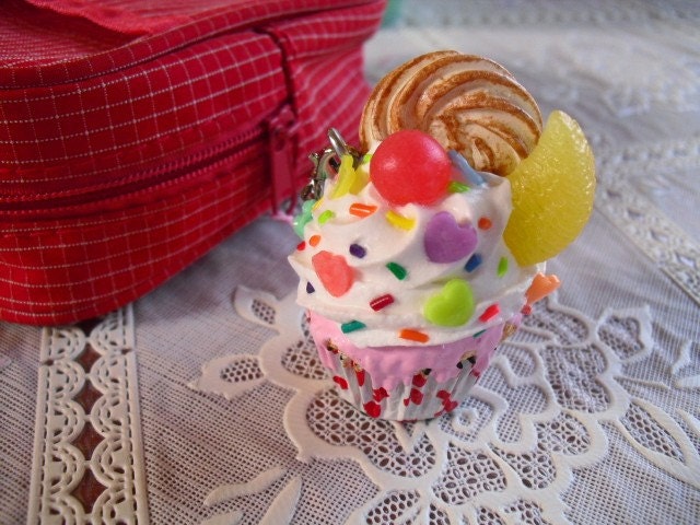 Sweets Deco Miniature Clay Cupcake Cell Phone Strap Bag Accessory Vanilla Frosting Cookie Candy Hearts Kawaii FREE GIFT