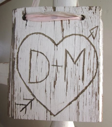 Shabby Chic Personalized Heart Hand Carved on Old White Weathered Wood