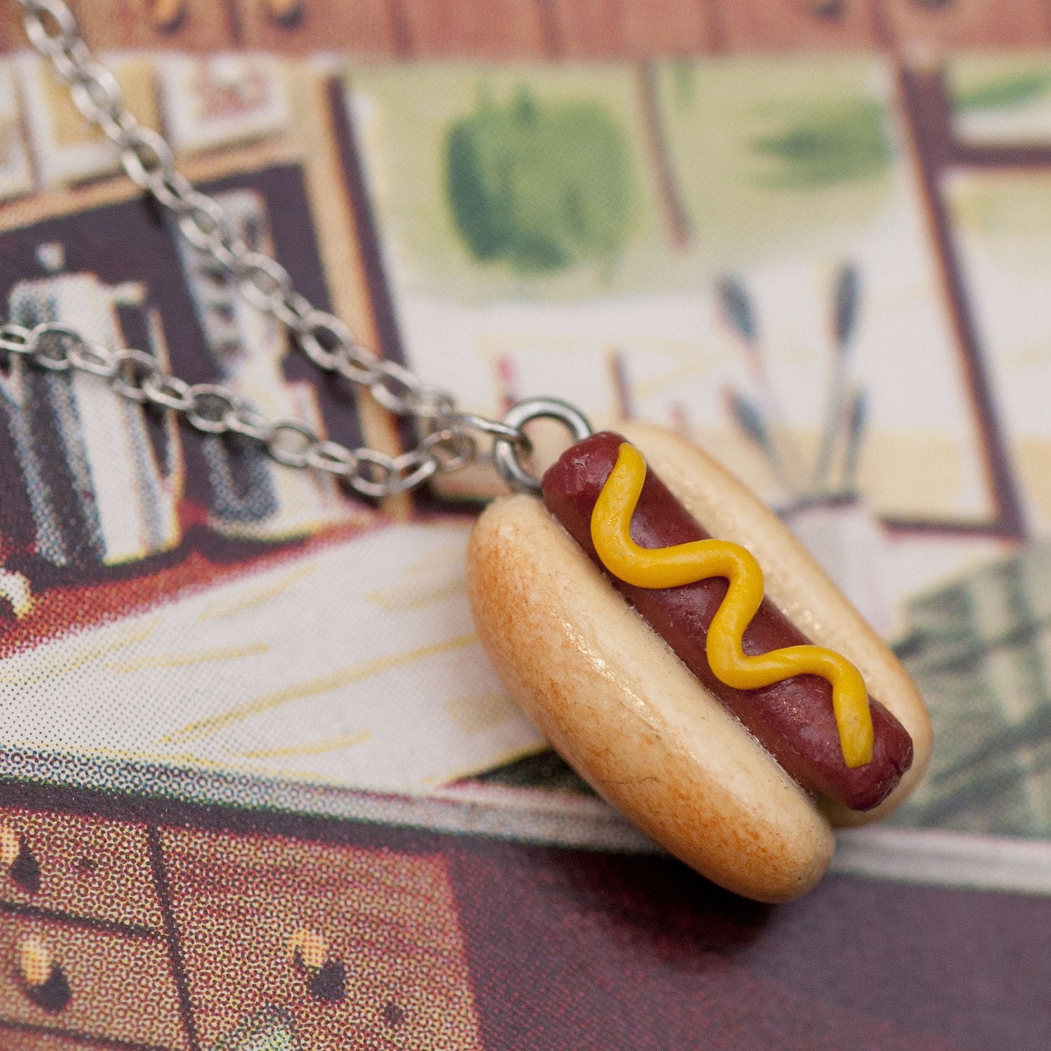 Roscata Hot Dog Weiner Necklace Pendant Handmade Polymer Clay Food Jewelry