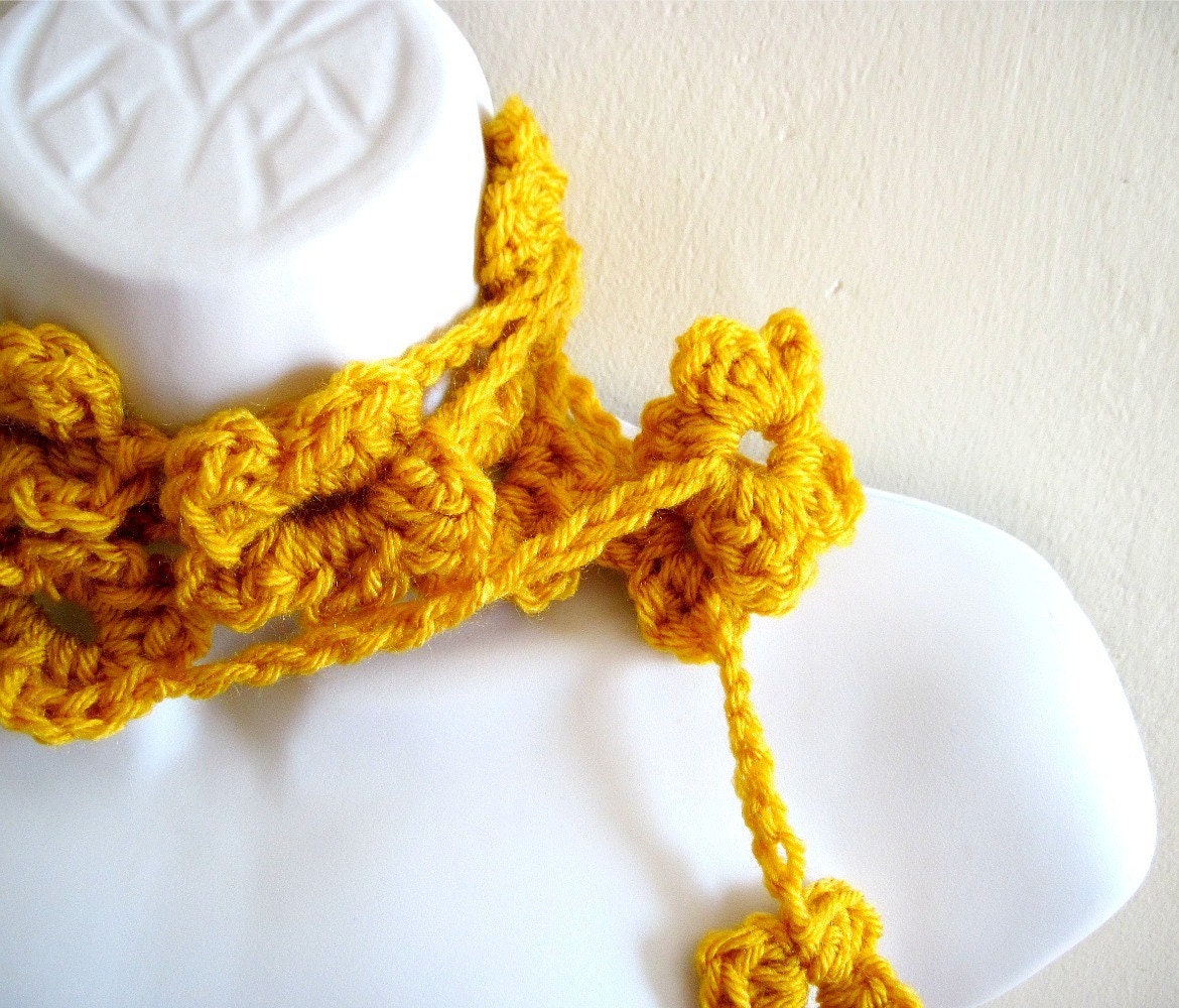 Yellow Crocheted Flowers Lariat Scarf