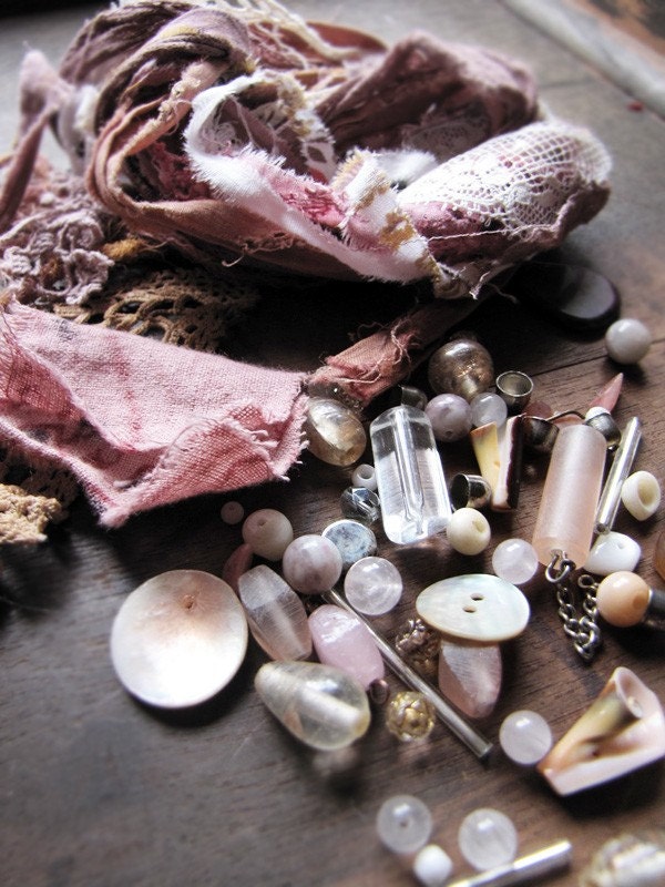 DIY craft kit - antique and vintage laces, textiles, beads and buttons - powdered roses