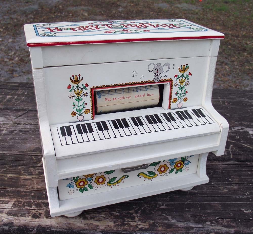 Vintage Toyo Player Piano Music Box with Cute Kids, Electric Guitar and Flowers