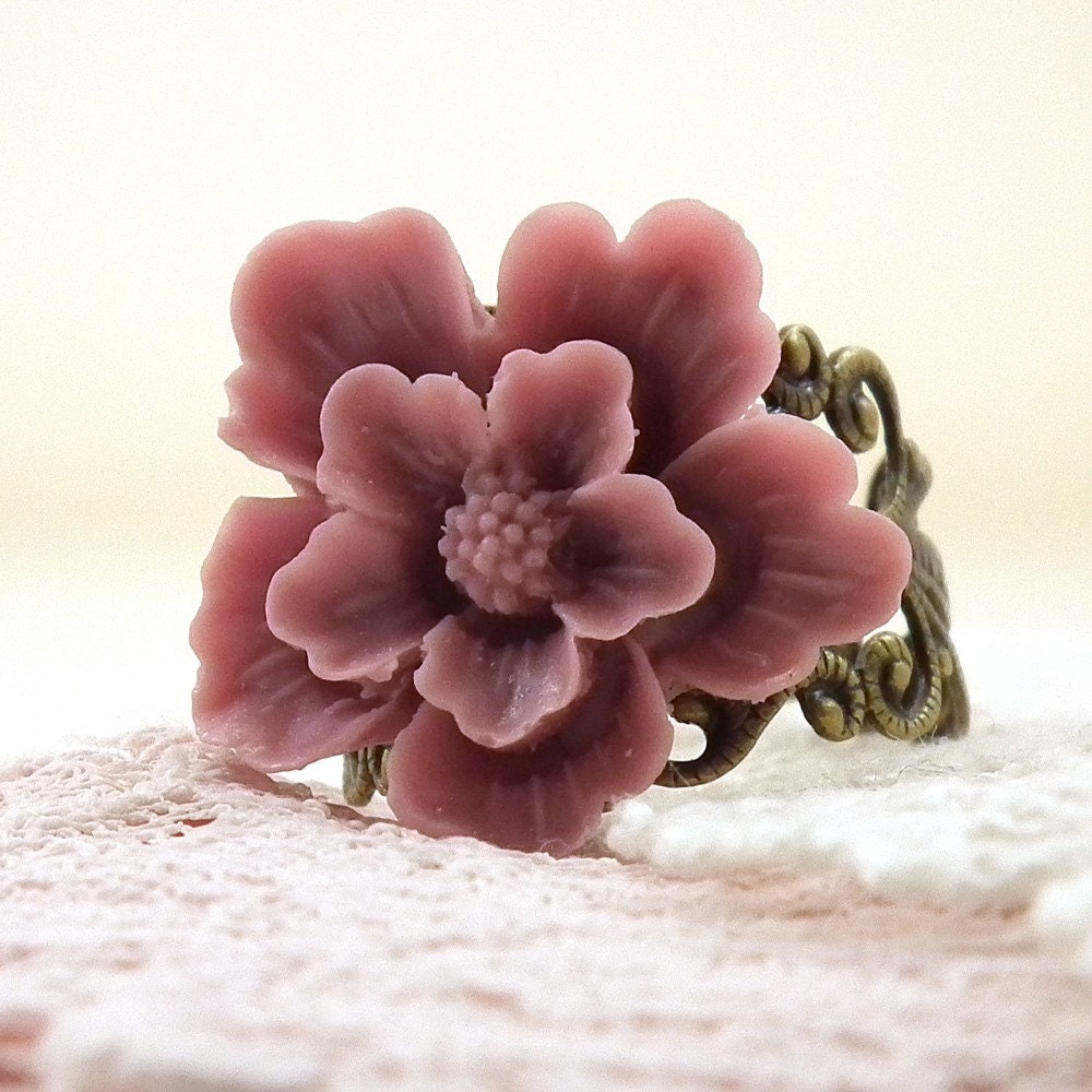 Rose Pink Sakura Flower Brass Filigree Ring