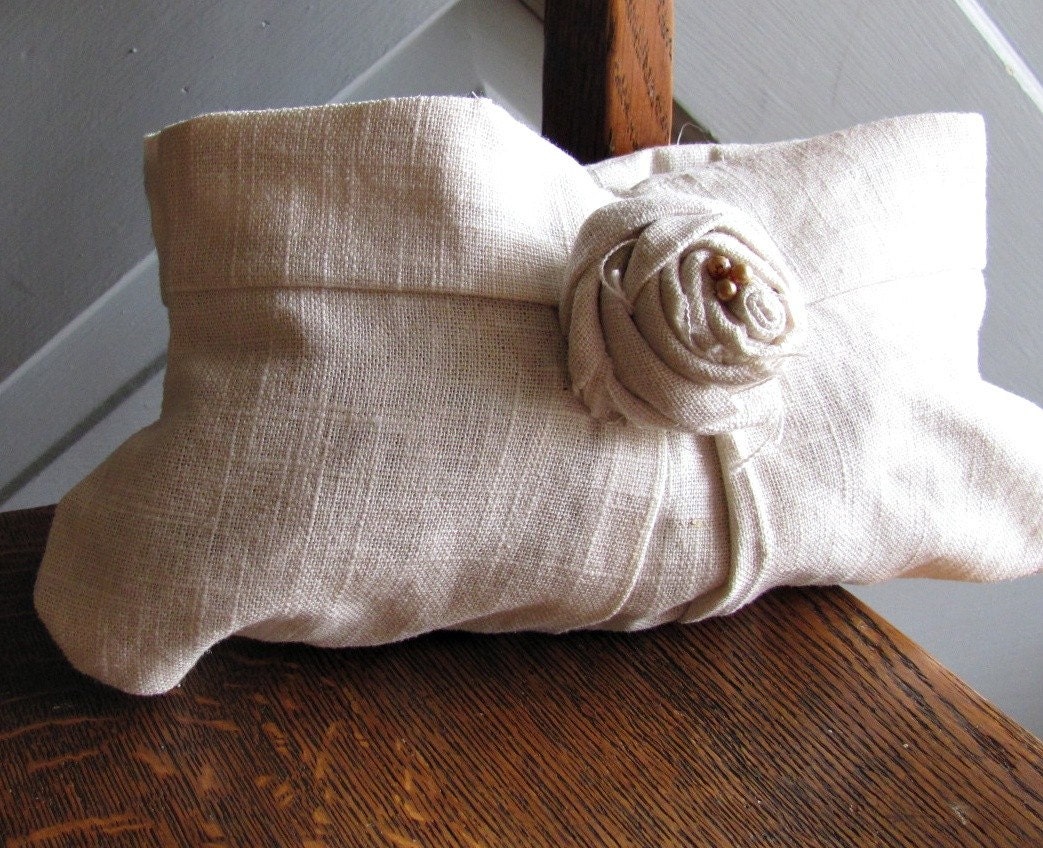 Pleated Linen Clutch with Rose and Pearls