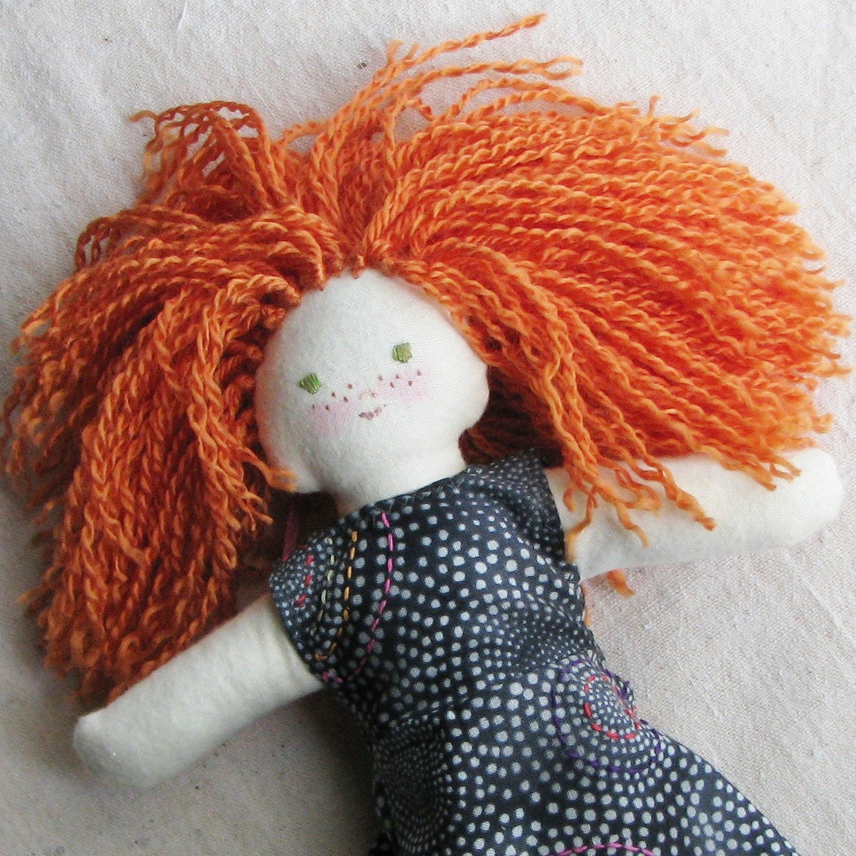 Cloth doll, 10 inch, redhead with freckles in an hand embroidered charcoal gray dress, child friendly