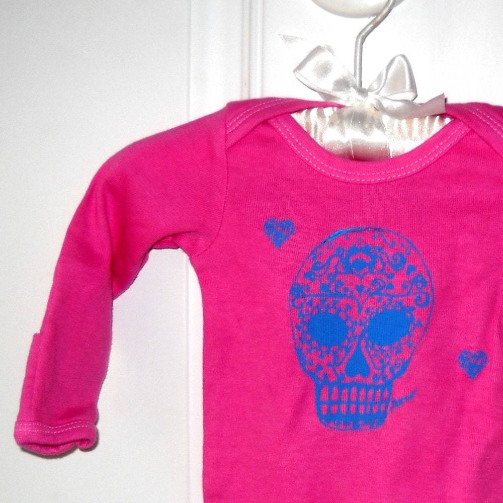 Sugar Skull long sleeved baby onesie bodysuit in pink and turquoise or custom colors