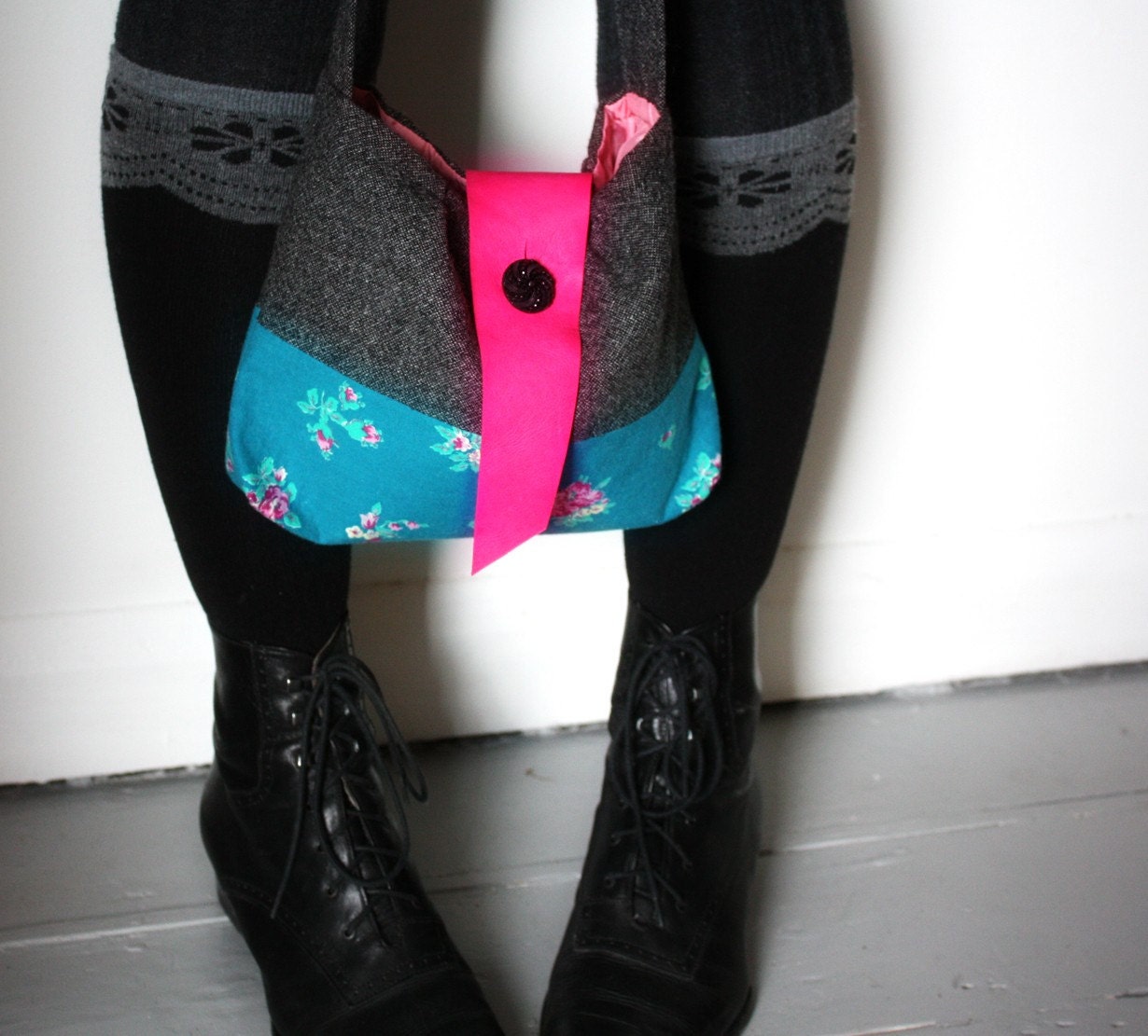 Dash - purse grey tweed bag teal 50s vintage fabric pink leather