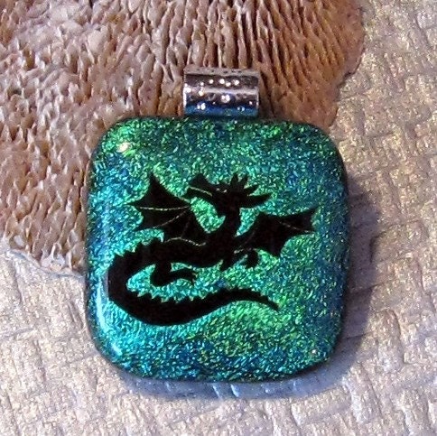 Etched Dragon Dichroic Fused Glass Pendant