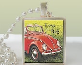 VW Bug Altered Art Glass Tile Silver Pendant Necklace w/FREE chain & gift box