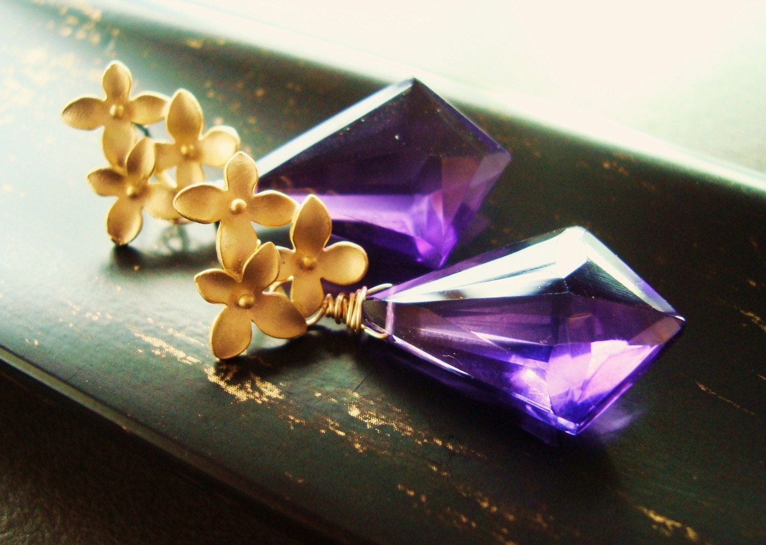 PURPLE PASSION- Dramatic Amethyst Gemstone with Gold Plated Flower Posts