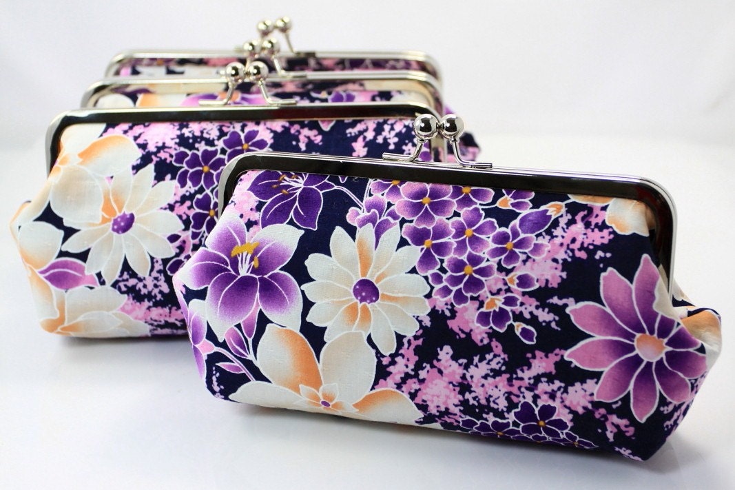 Purple and White Sakura - 8 inches Bridal and Bridesmaid's Silver Frame Clutch - Set of 4