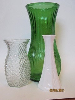 Indiana Hoosier Glass, Green glass, Cut Milk Glass, Clear glass Diamond Pattern, 3 Vases