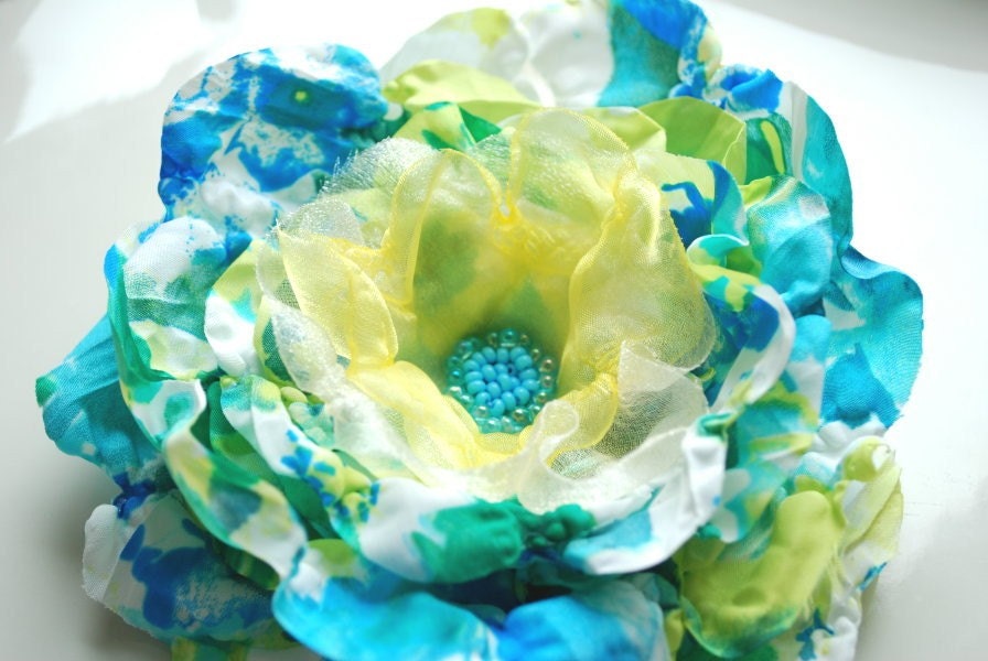 Spring flower in blue-green-white-Fabric flower-Brooch,comb or hair clip