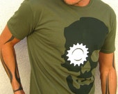 Ghost Roger - Skull with gear eye socket tee shirt - Gray and white on army green - Available in Mens / Unisex S, M, L, XL