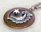 Silver Moon and Star Filigree Locket Necklace NL050