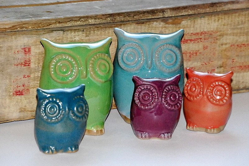 handmade ceramic owl family of five - choose your colors - MADE TO ORDER
