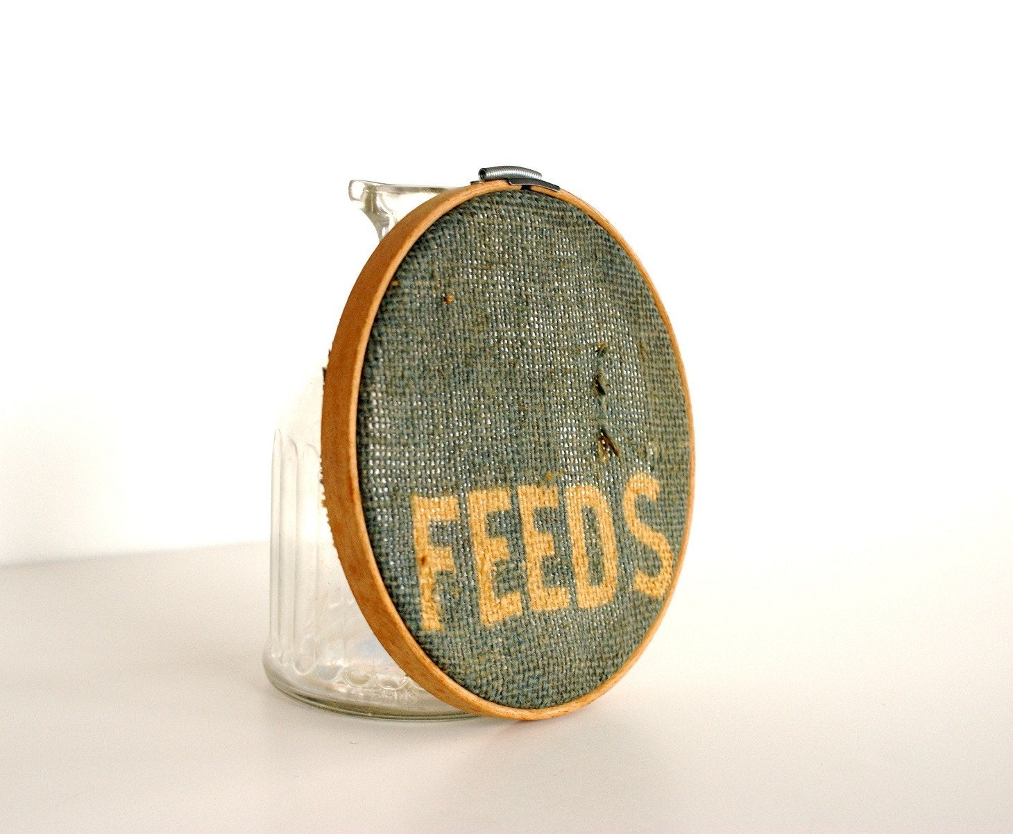 Vintage Burlap Embroidery Hoop Blue Feeds Rustic Farmhouse by Leeleescloset