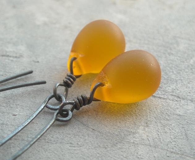 Frosted honey drop silver oxidized handmade earring