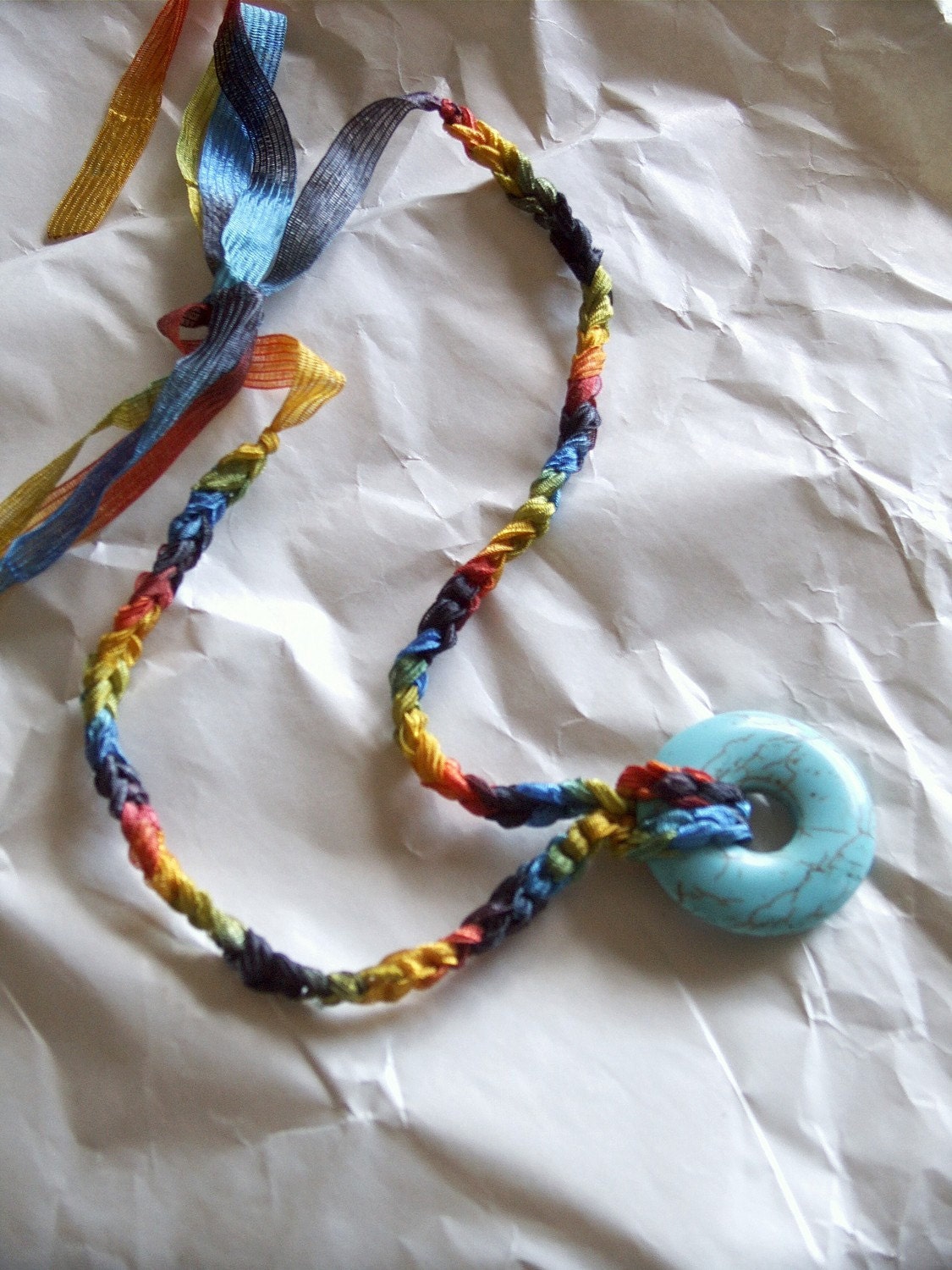 Friendship Necklace / Rainbow Crocheted Necklace with Blue Howlite Pendant