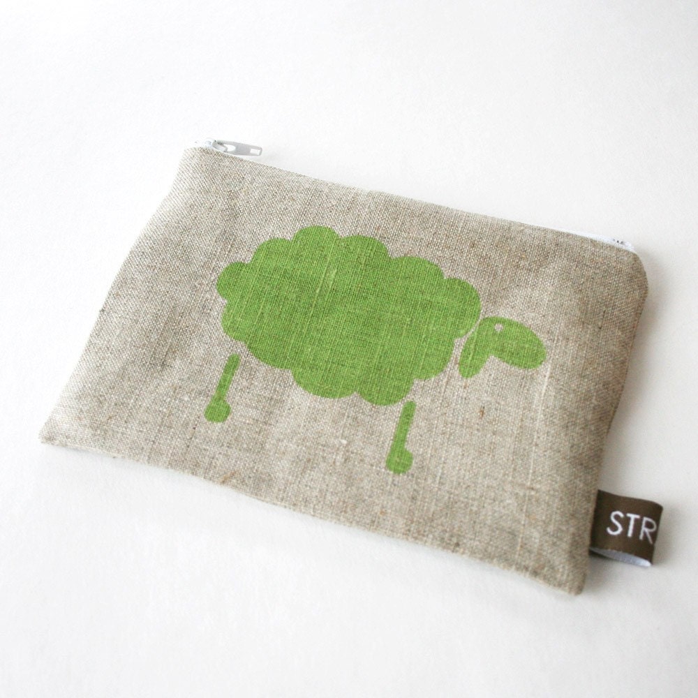Hand printed pouch with green sheep
