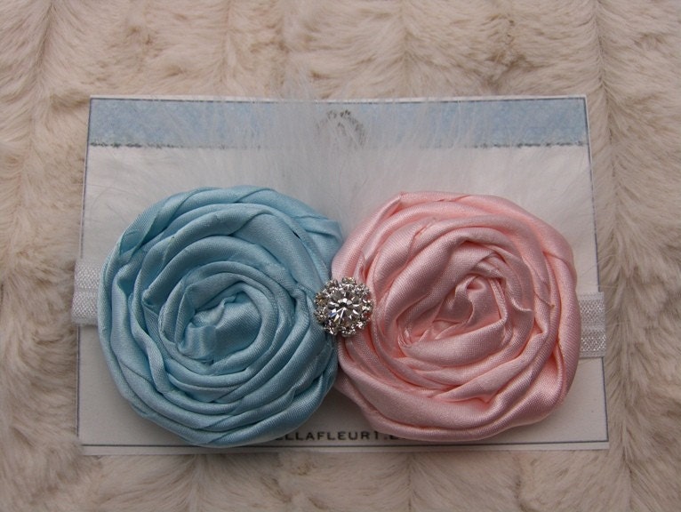 Light Blue and Pink Rosette Flowers with Fancy Rhinestone and White Feathers on White Elastic Headband