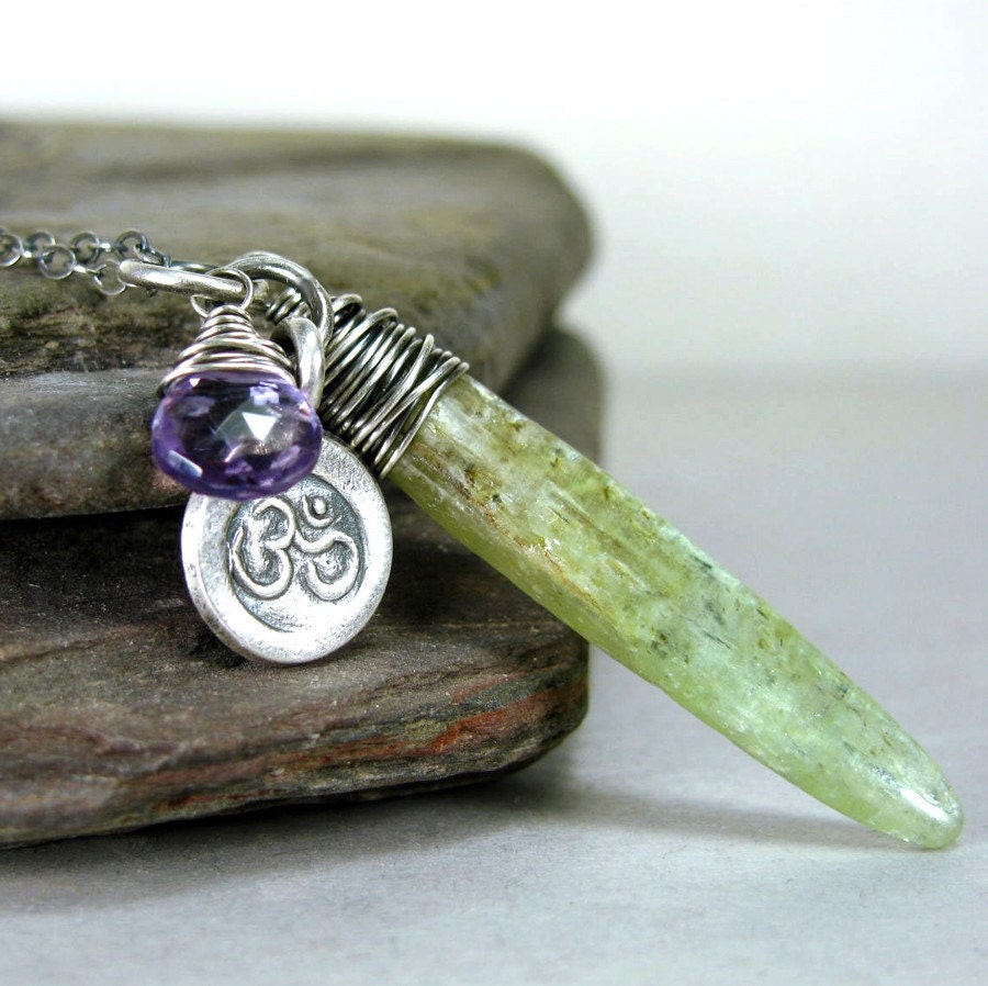Green Kyanite Faceted Amethyst Om Charm Sterling Silver Necklace