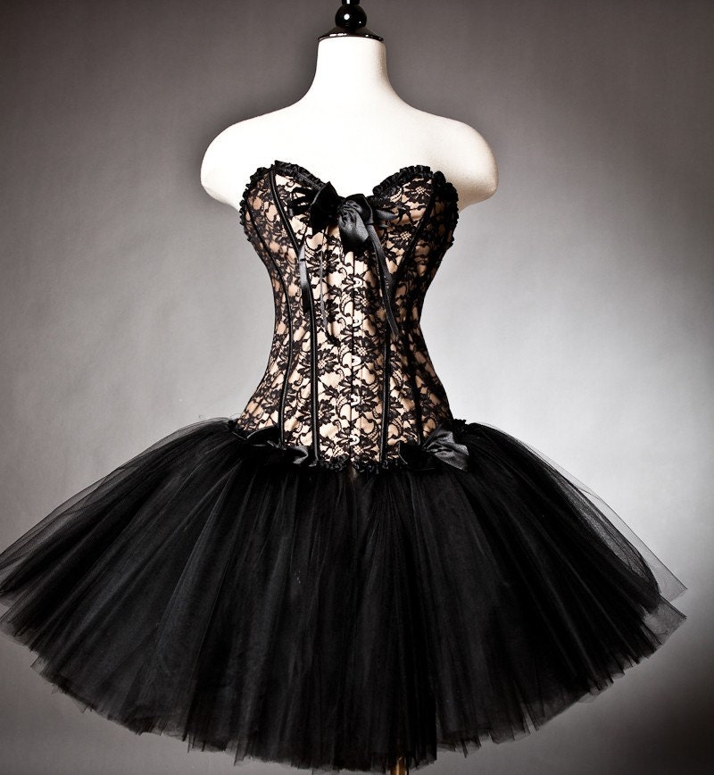 Custom Size black and gold lace burlesque corset prom dress with tulle skirt