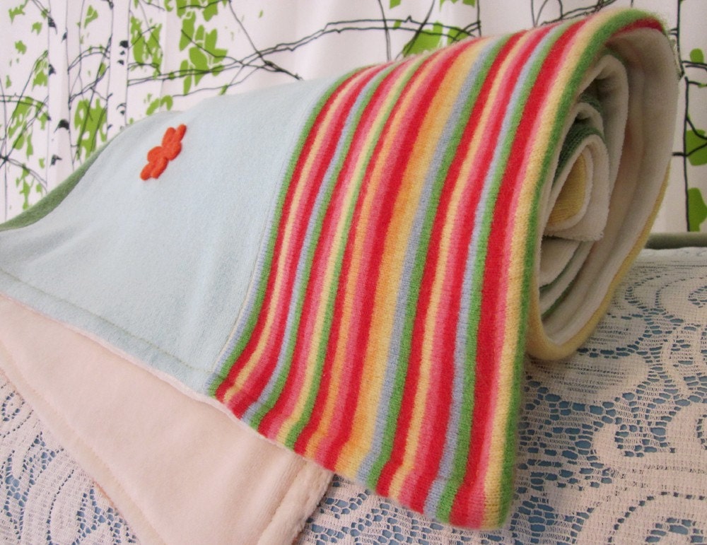 CASHMERE Heirloom Baby Blanket Upcycled Sweaters / Spring Flowers / Lap Quilt / Needle Felted