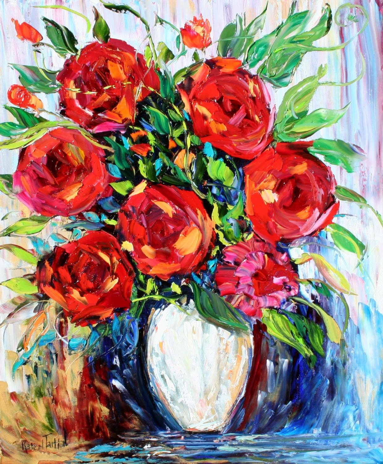 Karen Tarlton Original Oil Painting Romance of Roses - impasto palette knife art