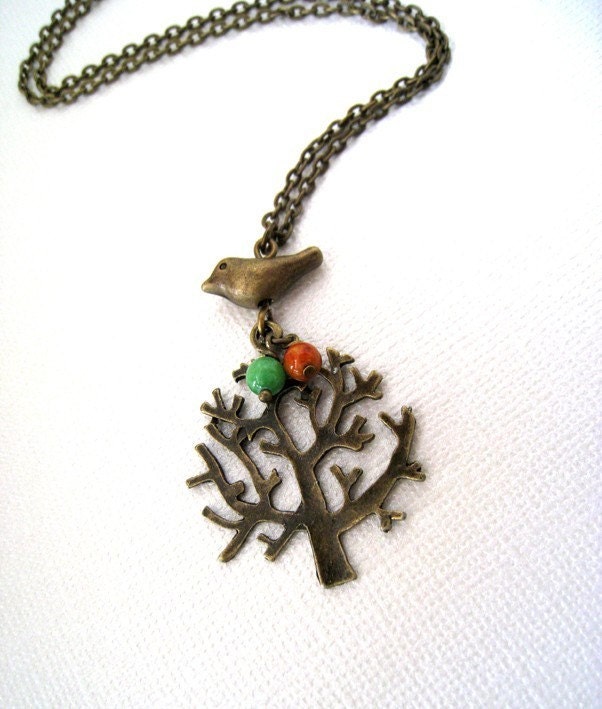 Sale....Antique Brass Bird and Tree Necklace