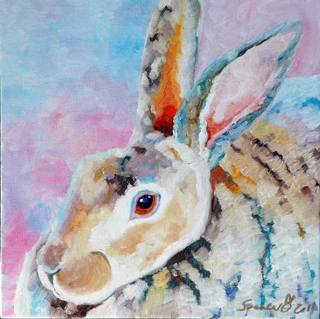 Original Harlequin Rabbit Painting by me Sandra Spencer 8x8