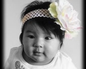 Catherine -- White Flower attached to a soft crochet headband with a pearl secured in center of flower, fits infant to adult