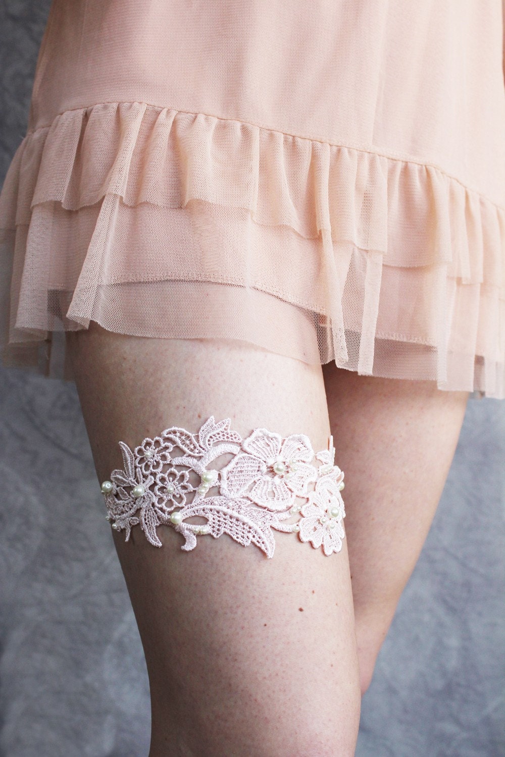 Lace Garter in Pale Pink with Pearls- Limited Edition