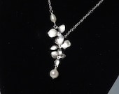 Freshwater Pearl and Cascading Matte Silver Orchid Necklace, Bridal, Elegant,