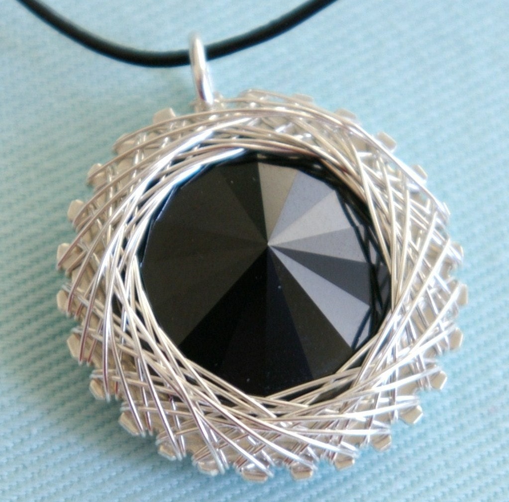 Sterling Silver Wire Wrapped Black Swarovski Crystal Rivoli Pendant Necklace